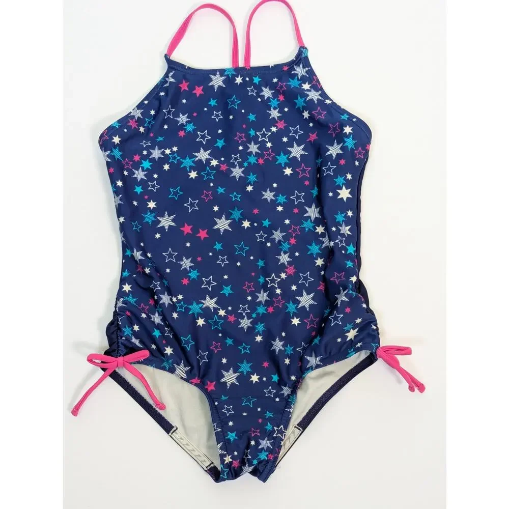 Speedo Girls One Piece Swimsuit Navy Blue Pink Multi Stars Tie Side Size M